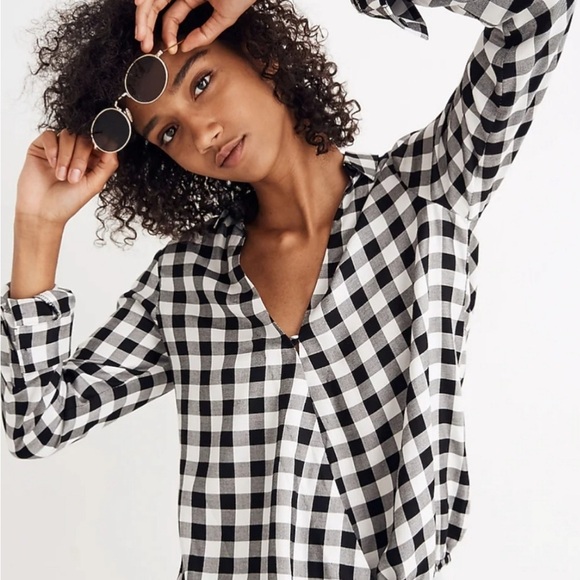 Madewell Women’s Black White Buffalo Check Plaid Long Sleeve Shirt Size Medium - Picture 3 of 9